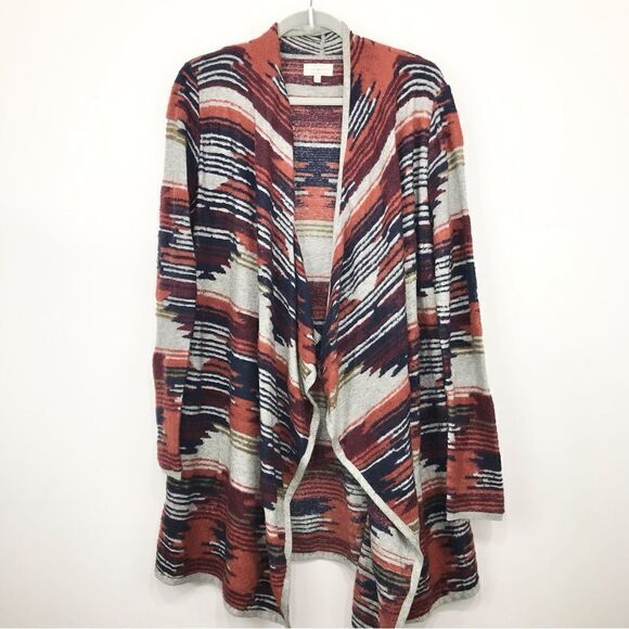 Lucky Brand Gray Orange Blue Southwest Tribal Pattern Waterfall Cardigan - Picture 2 of 12